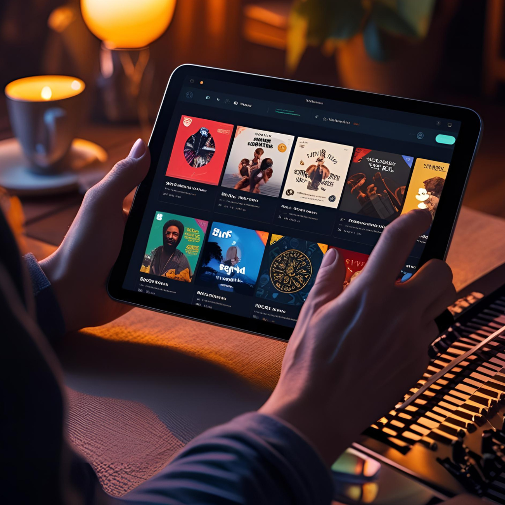 Top Afrobeat Sample Library: A shopper on tablet, browsing through sample pack catalogue online